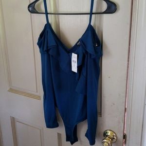 Blue cold shoulder bodysuit Fashion Nova